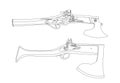 Vector cartoon hand drawn set of vintage flintlock pistol and battle axe combination weapon